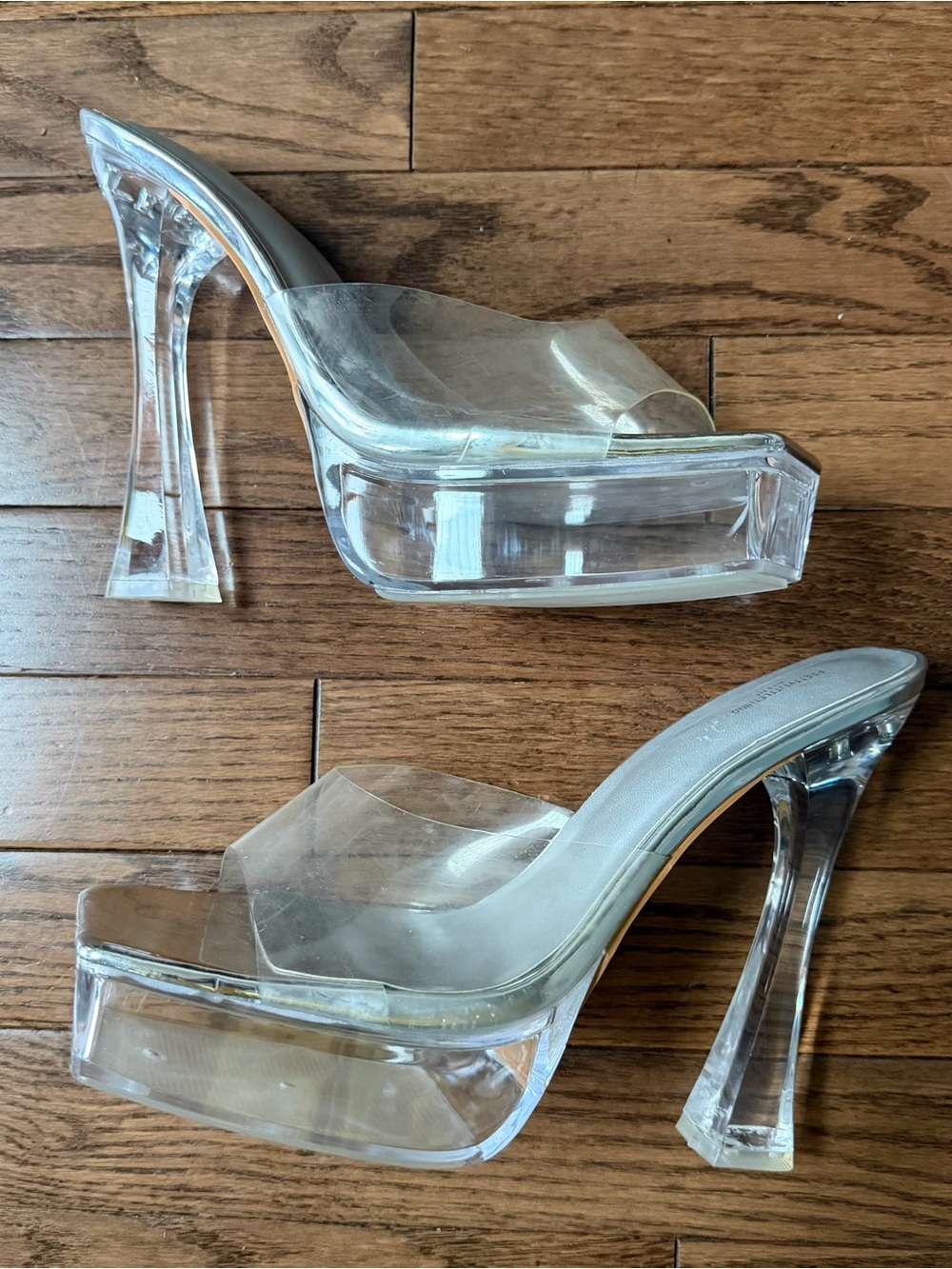 PLT Silver Wide Fit Patent Square Toe Clear Strap Platform Heeled Mules 10 - Picture 3 of 7